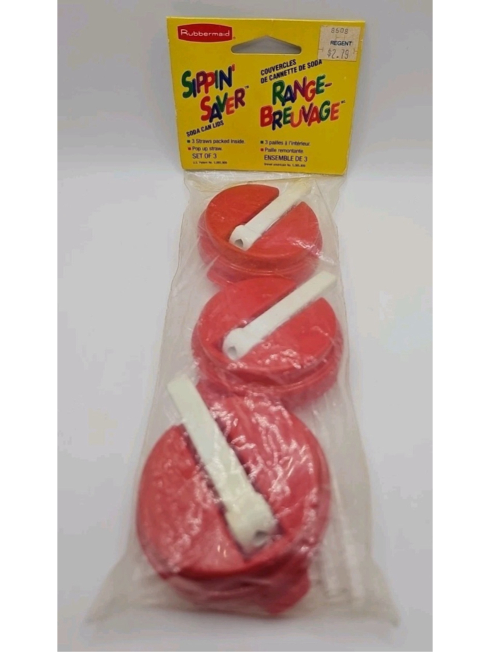 Vintage Rubbermaid Sippin' Saver Soda Can Lids Straws Pack of 3 Red New NOS